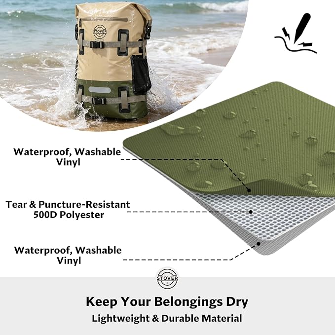 STOVER 40L Waterproof Dry Backpack & Phone Case - X-Large Floating Dry Bag for Kayaking, Travel, Hiking, Fishing, Camping, Motorcycles & Beach, Heavy-Duty Roll Top Men/Women (Tan/Army Green/Brown)