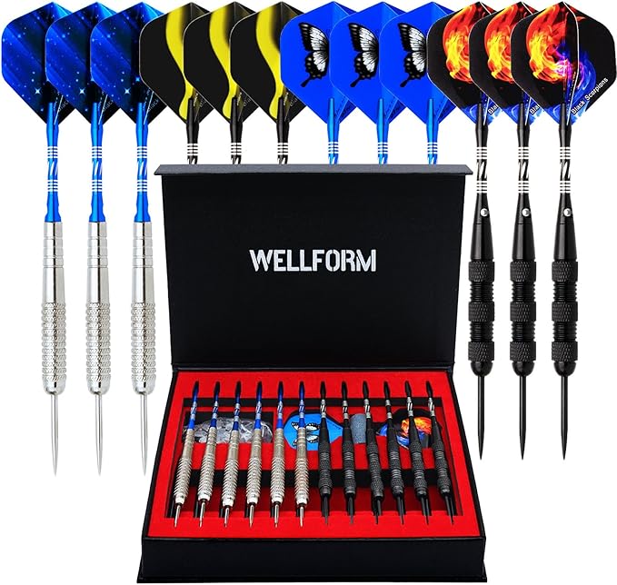 Darts Metal Tip Set, 12 Pack 22 Grams Steel Tip Darts Set-Professional Metal Darts for Dartboard, with Non-Slip Iron Barrel, Aluminum Shafts, Extra Flights, Dart Sharpener & Wrench, Gift Box