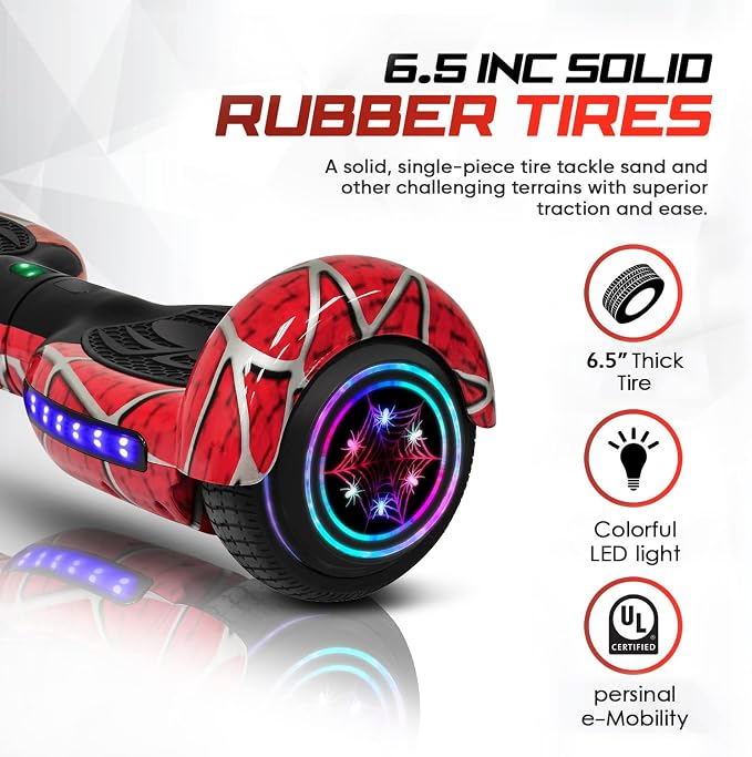Spider-Pattern Hover Board for Kids Ages 6-12, with Bluetooth Speaker and LED Lights 6.5" Hover Board, UL2272 Safety Certified (Red)