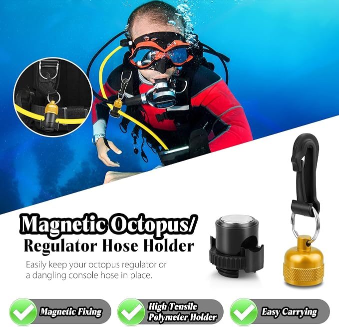 2PACK Scuba Regulator Hose Holder, Magnetic Adjustable Octopus Holder Octo Tank Retainer with Clip, Installs to Your BCD Easily!