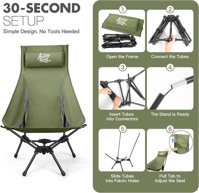 AuroraTrail High Back Folding Camping Chair with Pillow – Lightweight Portable Outdoor Chair with Cup Holder & Carry Bag, Sturdy Aluminum Frame Supports up to 374 lb for Camping, Hiking & Festivals