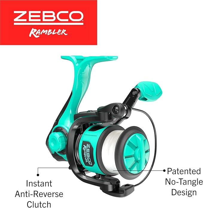 Zebco Rambler Fishing Reel and Rod Combo, Durable Fiberglass Rod with Built-in Carabiner, Patented No-Tangle Reel, Pre-Spooled with 8-Pound Zebco Fishing Line