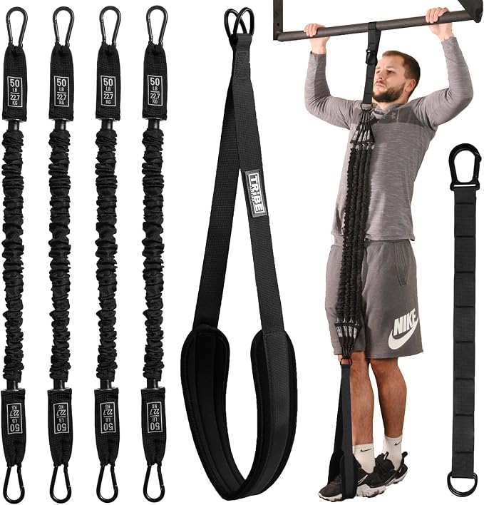 Pull Up Assistance Bands - 4 Heavy Duty Pull Up Bands with Adjustable Strap and Foot Rest - Stackable Pull Up Assist Band Set for Pull Up Bar - Resistance Bands for Pull Ups Chin Ups Strength Training