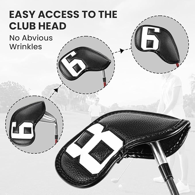 Golf Iron Covers Set Strong Magnetic Closure Value 10 Pack, Double Side Number Synthetic Leather Deluxe Club Headcover, Universal Head Cover Fit Main Irons Clubs for Women Men