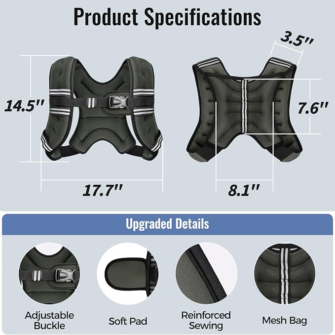 Zeerun Weighted Vest, 6lb/8lb/10lb/12lb/15lb/18lb/20lb/24lb/30lb for Men Women, Reflective Stripe Adjustable Buckle, Comfortable Durable Rucking Vest for Walking Running Strength Training