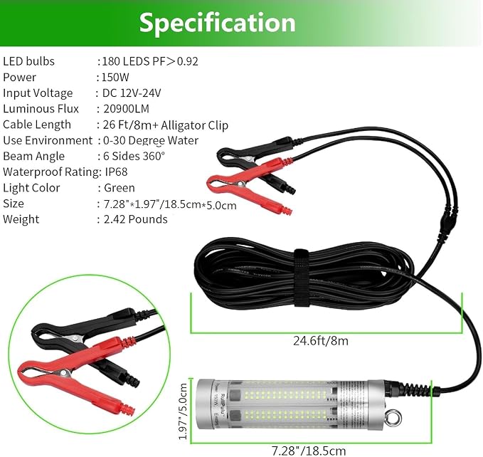 150W 20900lm Underwater Fishing Light, IP68 Waterproof Aluminum Super Bright Night Fish Attracting Submersible LED Lamp Lure Bait Finder for Freshwater Saltwater Sea Kayak Ice Dock (Green)