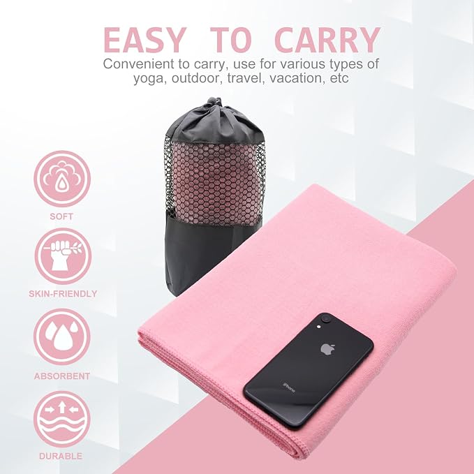 Eunzel 2 Pack Hot Yoga Towel with Grip Dot, Non Slip Yoga Mat Towe Sweat Absorbent Towel for Hot Yoga,Bikram, Pilates and Fitness 72" x 24", Pink