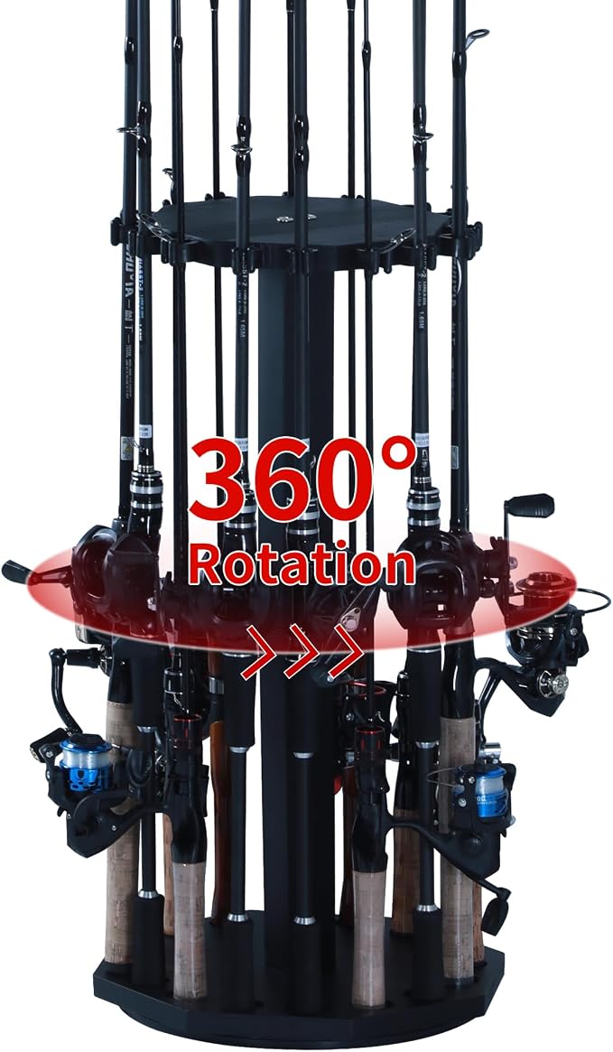 360° Rotating Wood Fishing Rod Holder, Black Round Fishing Pole Rack, Floor-Standing Fishing Rack Stores 16 Rods, Fishing Pole Storage Organizer for Garage, Basement, or Shed, Easy to Install