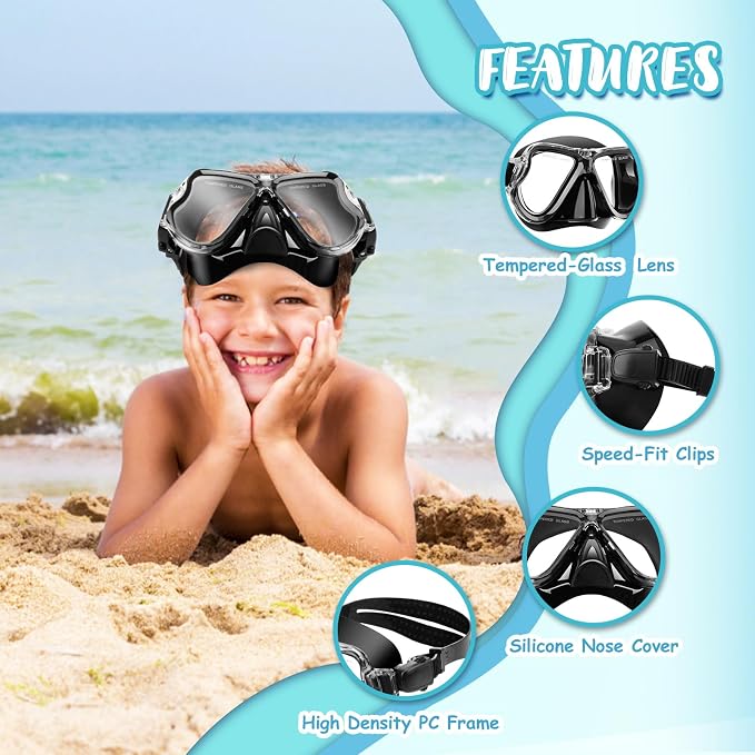 Snorkeling Gear for Kids, 4 in 1 Child Mask Fins Snorkel Set with Panoramic View Anti Fog Mask, Dry Top Snorkel, Trek Fins and Travel Bag, Kids Snorkeling Set with Fins for Snorkeling Swimming