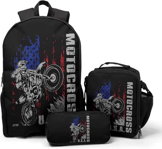Giwawa Motocross Vehicle Teens School Backpack Set American Flag Canvas Girls Boys School Bags Travel Bookbags 3 in 1
