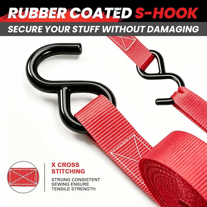 Ratchet Straps Medium Duty 4 Pack -1 Inch x 15 Feet (1,823LB Break Strength)- Motorcycle Tie Down Straps -Soft Loops with Bungee Cords- Ratchet Tie Down Set for Powersports, Motorcycle or Moving Cargo