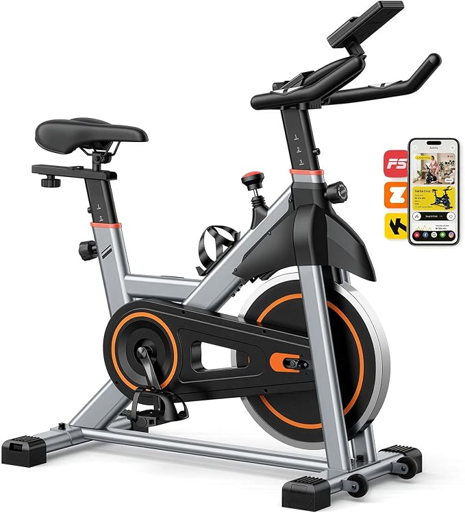 OLIXIS Exercise Bike with APP Control, Brake Pad Stationary Bikes with Quiet Magnetic Resistance, Indoor Cycling Spin Workout Bike with 300.0 lbs Weight Capacity,Orange/Red/Blue