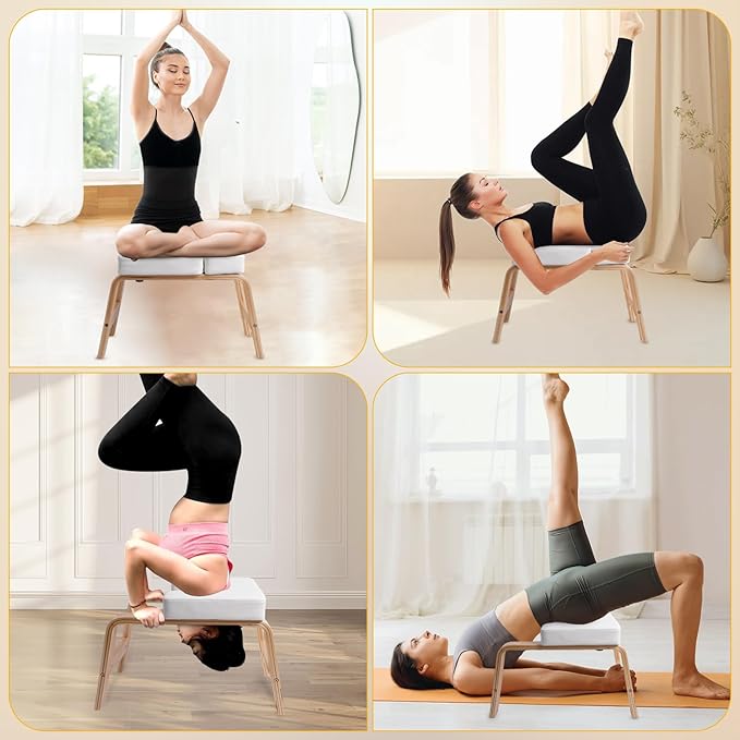 Yoga Headstand Bench, Yoga Inversion Chair, Headstand Trainer with Wood Frame and Pu Pad,Stand Yoga Chair Stress Relief, Balance Training, Body Shaping, Load Capacity 300 Pounds