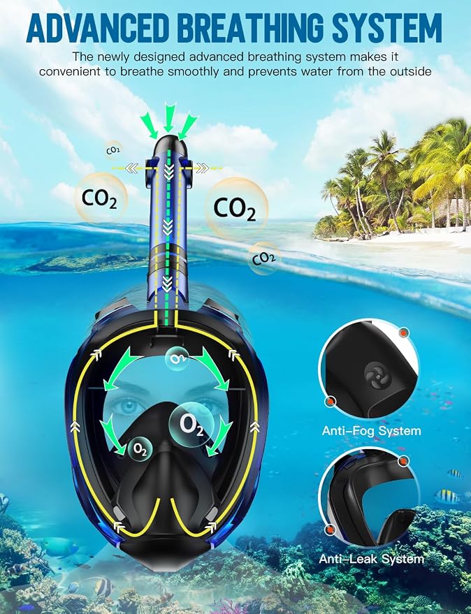 Full Face Snorkel Mask for Adults, 180° Panoramic Anti-Fog Snorkeling Gear with Dry Top System & Camera Mount, Foldable Anti-Leak Design for Travel, Swimming & Ocean Snorkeling