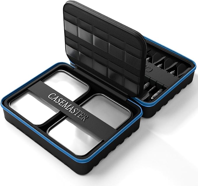 Casemaster Maxx 4 Dart Case, Holds 12 Steel Tip or Soft Tip Darts Fully Assembled, Hard Shell EVA Darts Case, 20 Accessory Pockets, Blue