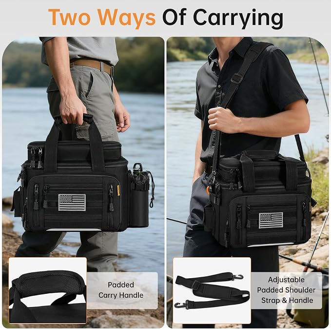 Fishing Tackle Bags with 4 * 3600 Tackle Trays - Saltwater & Freshwater Fishing Gear Bag Padded Shoulder Strap Tackle Box Bag (Black)