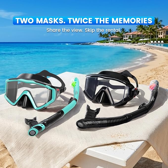 2 Pack Snorkel Mask for Adults - 180° Panoramic View, Anti-Fog Shatterproof PC Lens, Dry Snorkel Set for Diving, Swimming & Travel