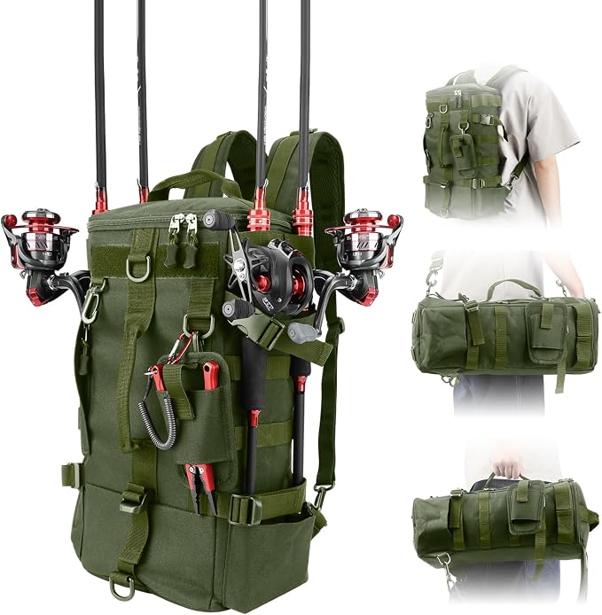 KOMCLUB Dark Green Fishing Sling Tackle Storage Backpack, Lightweight‌ | Water-Resistant Outdoor Gear Bag, Stores Fishing Equipment, Ideal for Short Trips