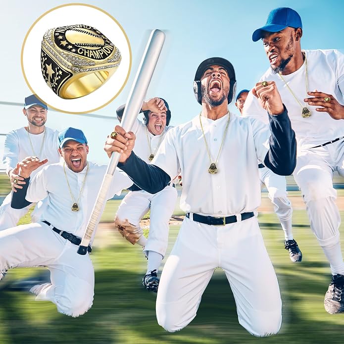 Highergo 20 Pcs Baseball Softball Basketball Football Champion Rings with Display Neck Chain and Stand Volleyball Soccer Cheer Trophy Rings Bulk for Tournament Award Gift