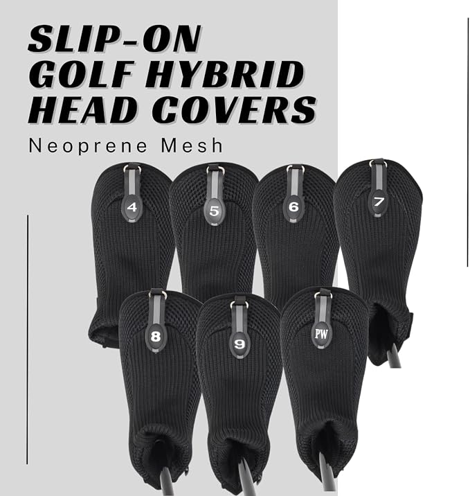 Black All Hybrid Headcover Set 4 5 6 7 8 9 Pw Golf Club Covers Head Cover Neoprene Mesh Complete