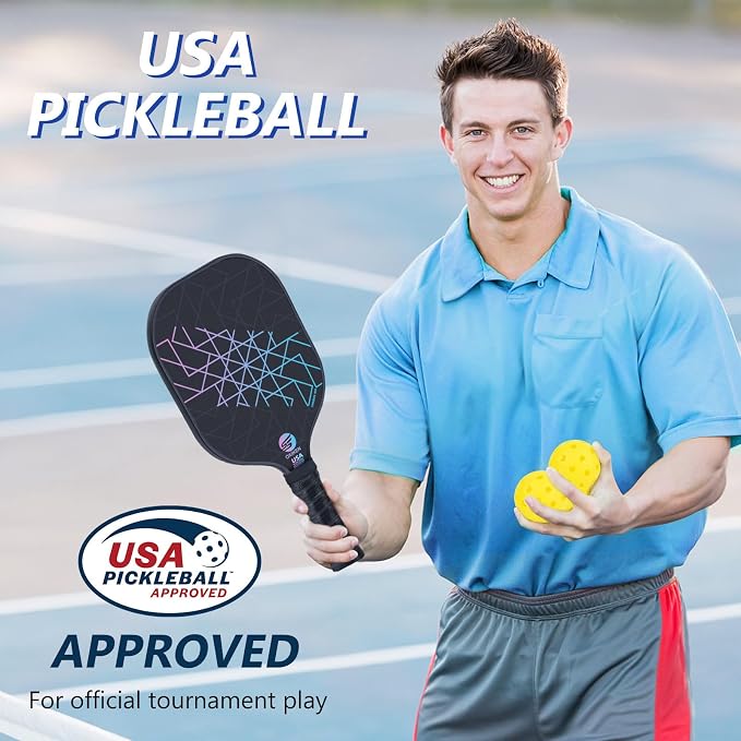 Pickleball Paddles Set of 2, USAPA Approved Carbon Fiber Pickle Ball Paddle (CHS) Polypropylene Honeycomb Core, Anti Slip Sweat Absorbing Grip, 2 Outdoor Pickleball, 2 Indoor Pickleball, Bag