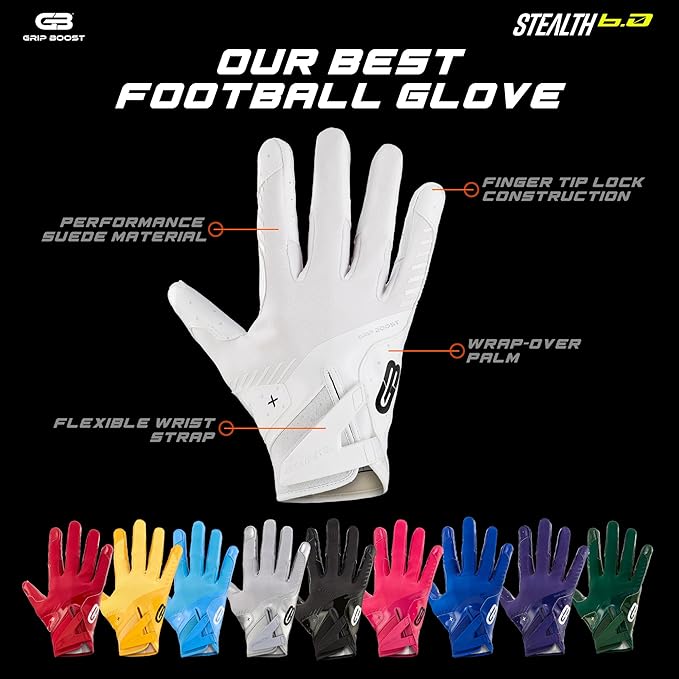 Grip Boost Football Gloves - Solid Stealth 6.0 with Grip Gel Bundle (Solid White, Medium)