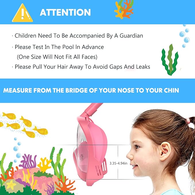 Kids Snorkel Mask Full Face, Snorkeling Gear for Kids with Camera Mount, 180 Degree Panoramic View Snorkeling Set Anti-Fog Anti-Leak