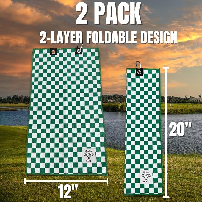 Against The Grain 2 Pack Microfiber Waffel Pattern Golf Towels with Clip – (12"x20") Green & White Checkered Design, Golf Accessories for Men, Green Golf Towel