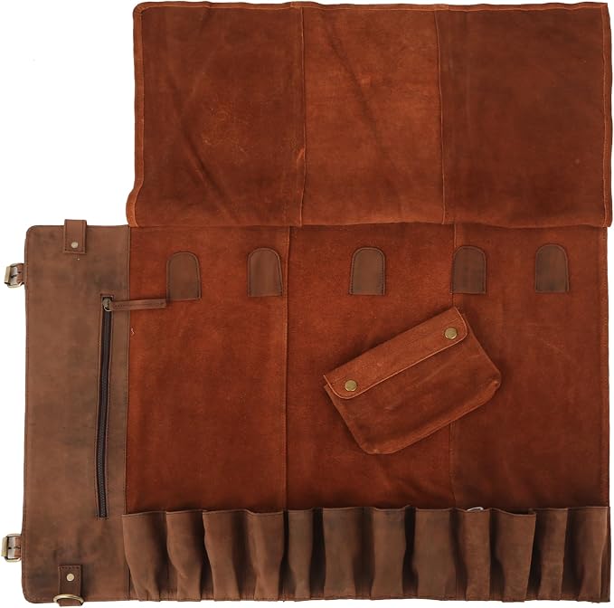 vintage crafts Genuine Buffalo Leather Knife Roll Set Chef's Knife Holder Cutlery Sheath Artist Case Organizer Storage bag Travel Friendly Gift for Men & Women (Light Brown)