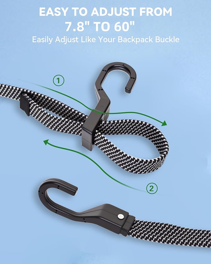 6 Pcs 60 Inch Flat Adjustable Bungee Cords with Hooks, 3X Faster to Adjust The Length, Lucky Straps Black Heavy Duty Bungee Straps for Cargo, Bike, Cart, Tent, Truck, Camping, Outdoor, etc