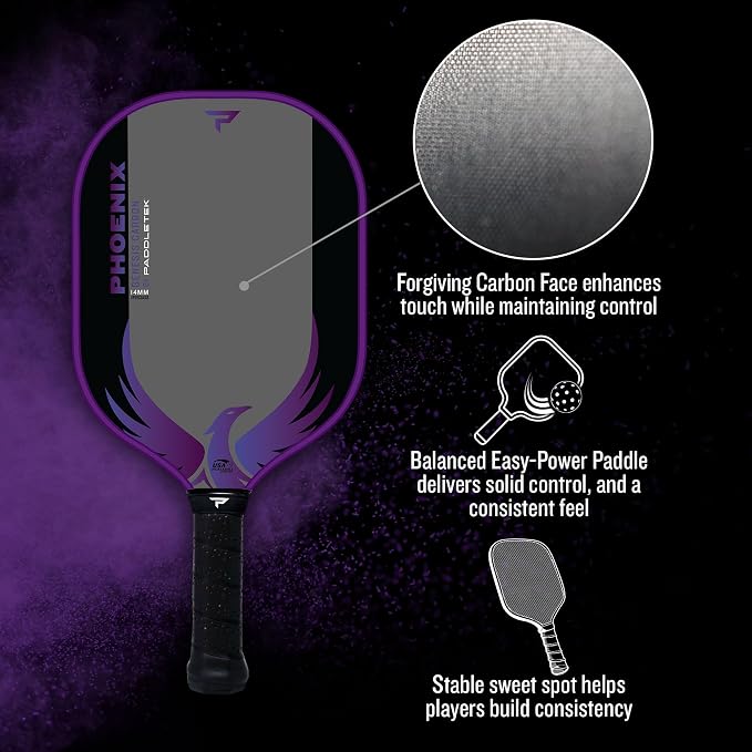 Paddletek Phoenix Genesis Carbon 14mm Pickleball Paddle – Textured Carbon Fiber Pickleball Paddle with Polypropylene Honeycomb Core – USAPA Approved – Balanced All-Court Performance – 5.25" Handle