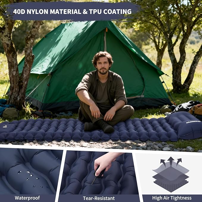 Camping Sleeping Pad, Connectable Design for Double Mat, Ultralight Inflatable Sleeping Mat with Pillow, Built-in Foot Pump, Portable Camping Air Mattress for Backpacking Hiking Tent (Navy)