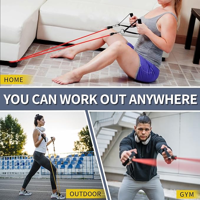 WHATAFIT Resistance Bands, Exercise Bands, Workout Bands with Handles, Door Anchor and Ankle Straps, 5 Resistance Levels Fitness Bands for Strength Training, Physical Therapy, and Home Gym Equipment