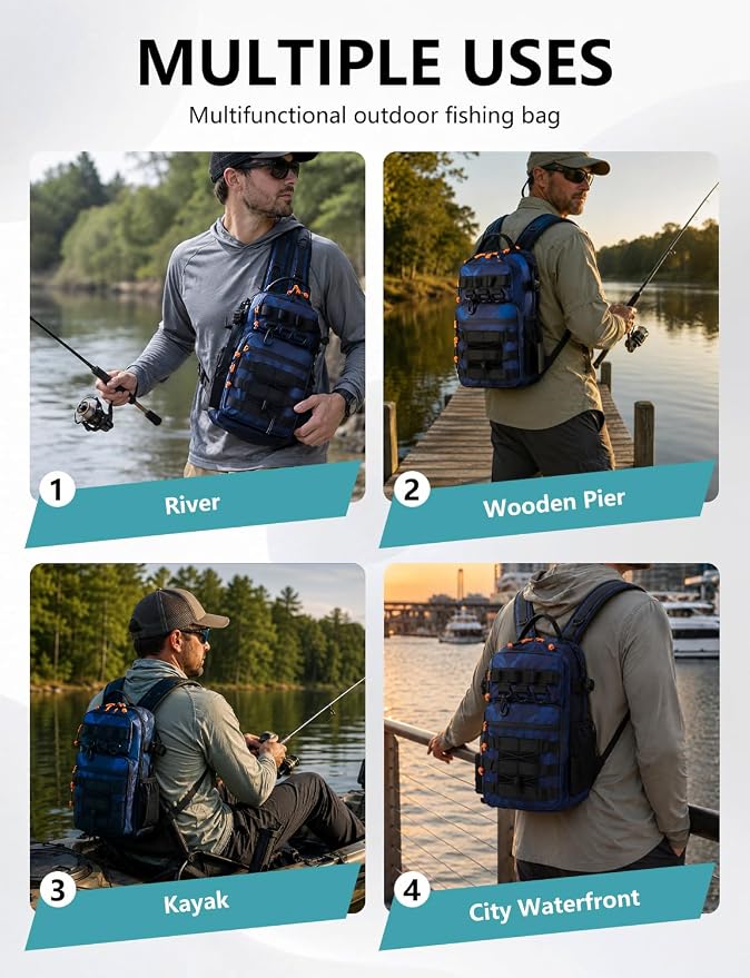 2 in 1 Compact Tactical Fishing Backpack with Tackle Boxes, Lightweight Waterproof Tackle Bag Fit 2 * 3600 Tackle Boxes, 2 Rod Holders Storage, Fishing Accessories Gift for Men Blue