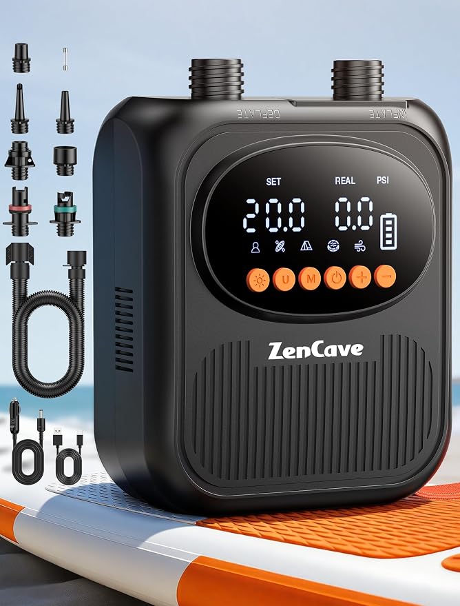 Paddle Board Pump Electric Portable: Rechargeable 20PSI High Pressure SUP Pump, Dual Stage Inflation & Deflation, Auto Shut-Off, 13500mAh Inflates 4 SUPs, 12V DC Car Connector, for Kayaks, Tents, Boat