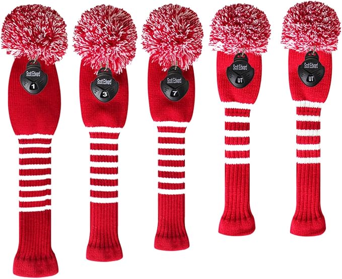 Scott Edward Golf Headcover Set of 5 PCS, Driver Wood Cover *1, Fairway Wood Cover *2, Hybrid Cover * 2, with Rotating Number Tags