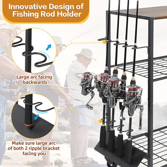 Olakee Fishing Rod Holders, Rolling Fishing Rod Rack for Garage & Boat, Tackle Box & Reel Holder Cart, Easy Assembly Fishing Gear Management System, Ideal Birthday Gift for Men Dad Anglers