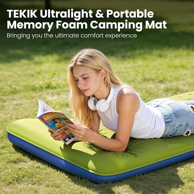 TEKIK Self Inflating Sleeping Pad, Ultra-Thick Memory Foam Sleeping Pad for Camping with Pillow, 20s Fast self Inflate&Deflate, 9.5 R-Value Insulated Camping Mattress, Suitable for Car Travel Tent