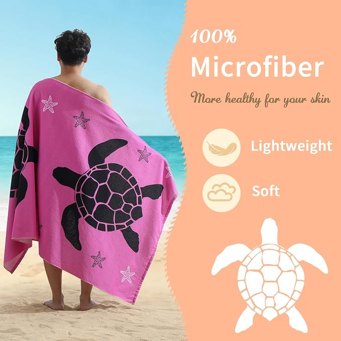Oversized Beach Towels 4 Pack,40”x70” Microfiber Thin Large Beach Towel Set for Adults Travel Camping Swimming,Turtle Starfish Them Sand Free Quick Dry Lightweight XL Pool Towels -Purple & Rose Red