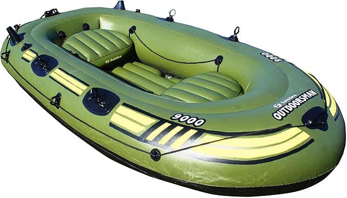 SOLSTICE Inflatable Boat for Lakes, Rivers & Beaches – Heavy-Duty Raft with Swivel Oar Locks, Rod Holders & Inflatable Seats – Outdoorsman, Fishing, 4-Person, Green, 9'