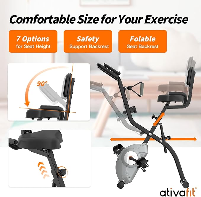 ATIVAFIT 5-in-1 Foldable Exercise Bike for Home, Upright & Recumbent Indoor Bike with 8-Level Magnetic Resistance, Resistance Bands, Quiet Cardio, Adjustable Seat