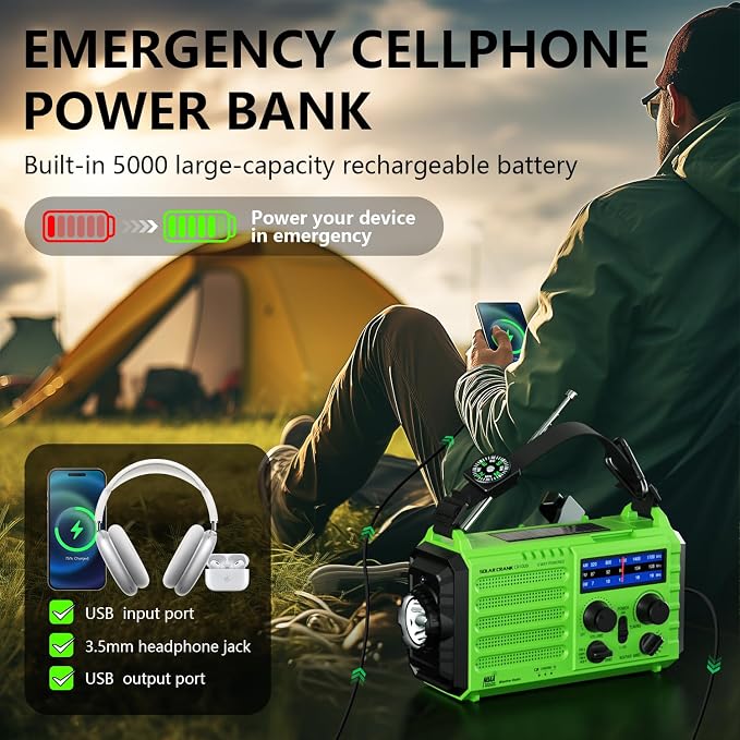 NOAA-Certified Emergency Weather Radio, AM/FM Portable Solar Hand Crank Powered with Flashlight & Reading Lamp for Emergency, Rechargeable Battery, SOS Alarm, Cell Phone Charger for Outdoor & Home Use