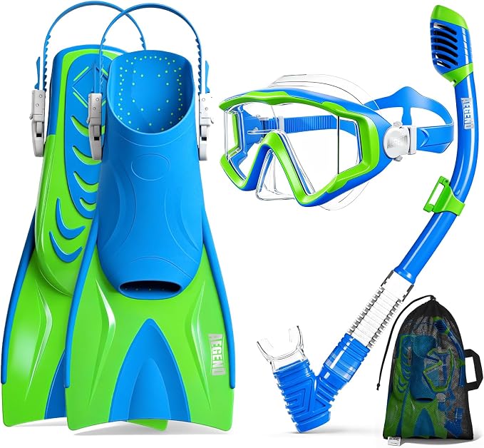 Aegend Snorkeling Gear for Kids Youth – 4-in-1 Snorkel Set with Anti-Fog Mask, Dry Snorkel & Adjustable Fins for Swimming, Diving, Snorkeling, Beach Vacation – Includes Travel Mesh Bag