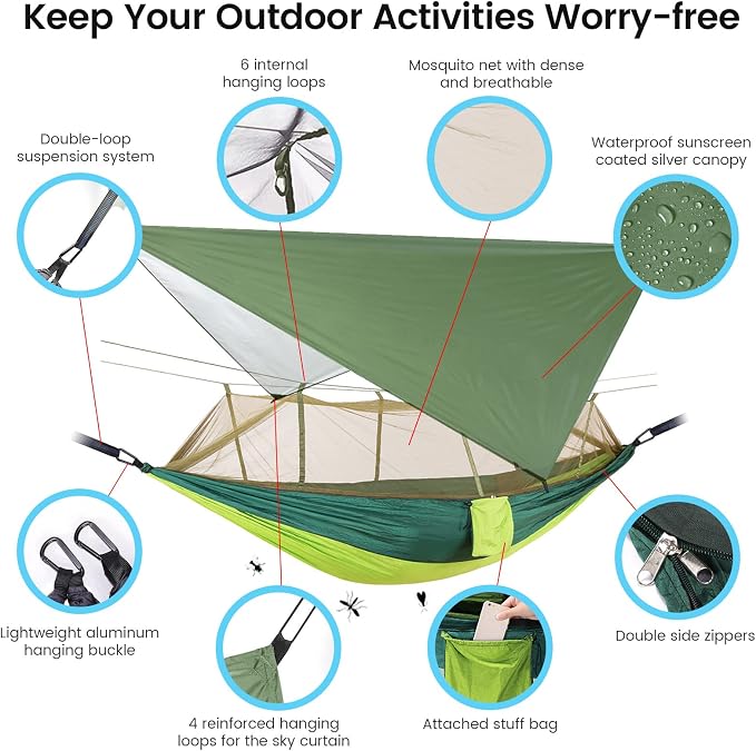 Camping Hammock with Mosquito Net & Rain Fly Tent Tarp & Tree Straps Portable Strong Nylon Hammock Parachute Tent w/Storage Bag for Camping Hiking Backyard Outdoor Backpacking Travel
