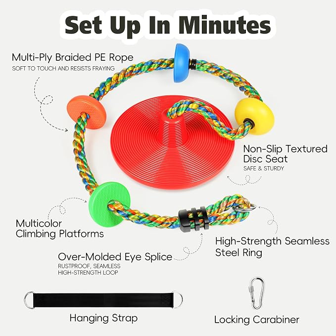 ZNCMRR Rope Swing for Tree Disc Swings Tree Swing for Kids Single Disc Seat and Climbing Rope for Kids Heavy Duty Swing Set for Backyard Playground Accessories Swingset Accessories Outdoor(Red)