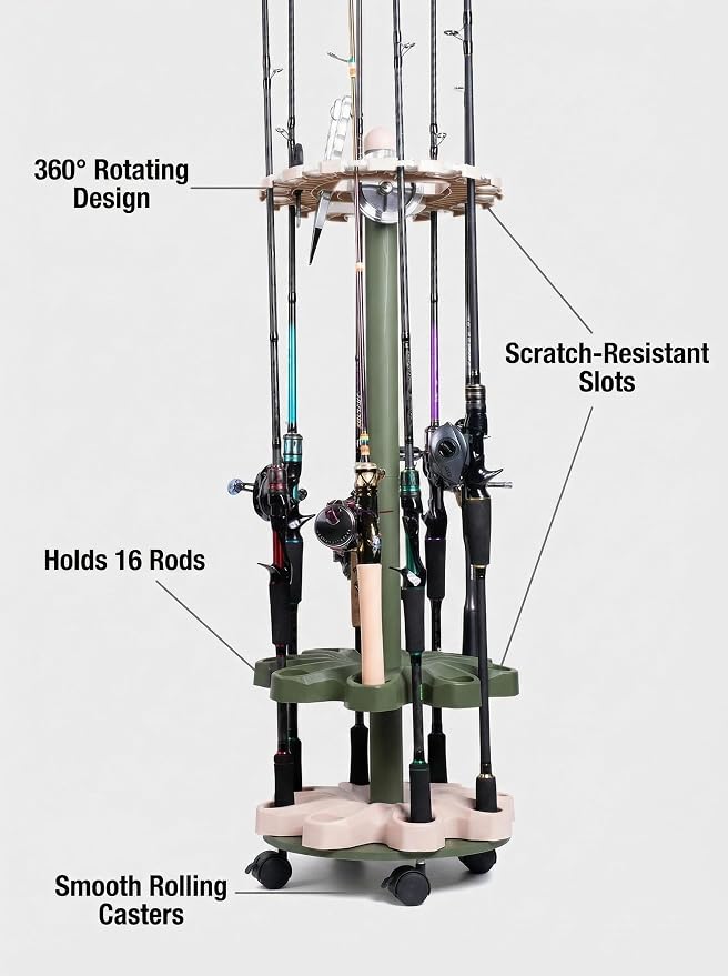 360° Rotating 16-Rod Fishing Rod Holder Rack with Wheels, Rolling Storage Stand for Rods & Combos, Space-Saving Organizer, Durable ABS Frame with Protective Rubber Pads