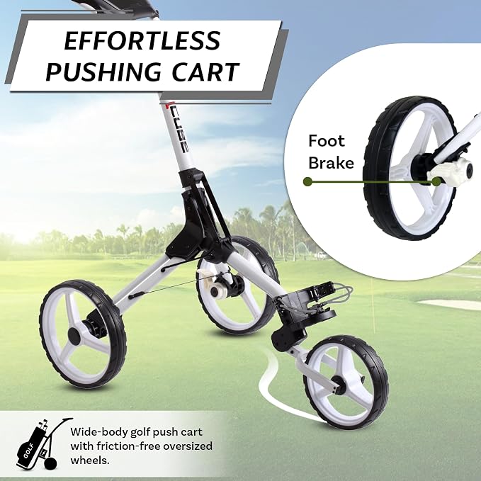 CUBE CART 3-Wheel Golf Push Cart – Ultra-Compact 14.5 lb Folding Golf Trolley, Two-Step Fold, Adjustable Handle, Foot Brake, Umbrella Holder & Built-in Storage