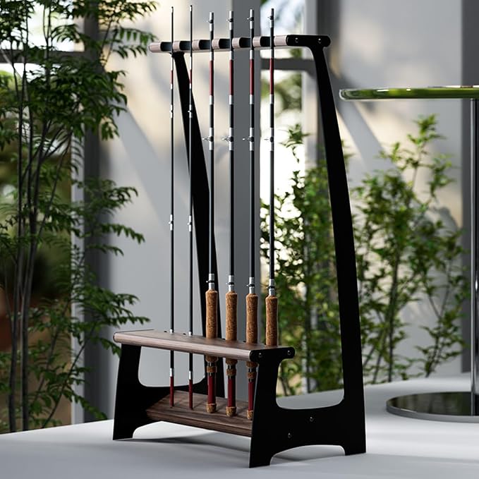Fishing Rod Holder for 6 Rods, Fishing Pole Holder for Garage Organization and Storage, for Fishing Reels, Bamboo Material and Walnut Wood (Bamboo)