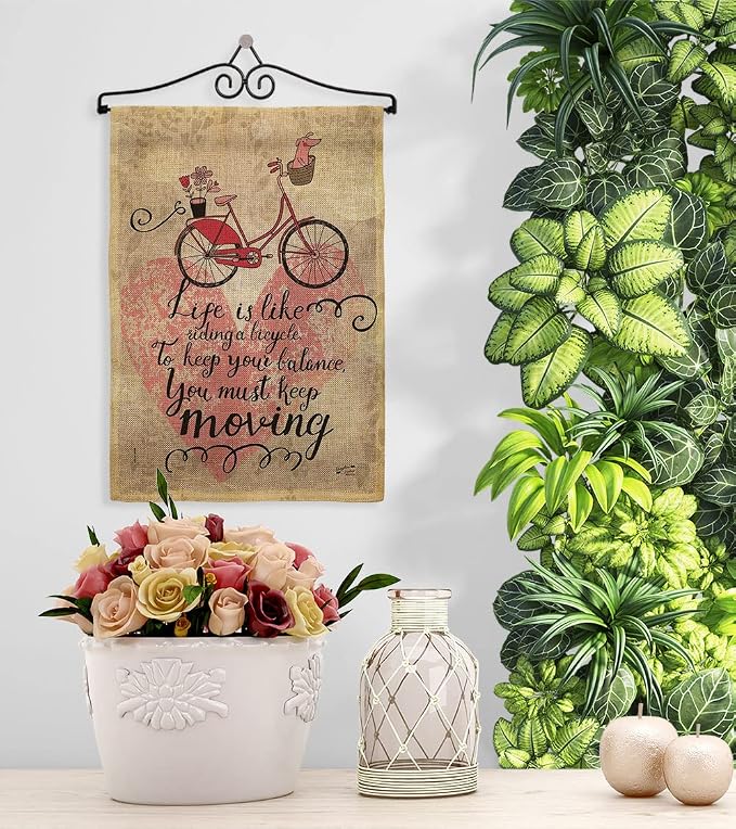 Must Keep Moving Burlap Garden Flag- Set Wall Hanger Sports Cycling Ride Bicycle Bike Velo Entertainment Activity Physical - House Decoration Banner Small Yard Gift Double-Sided Made In USA 13 X 18.5