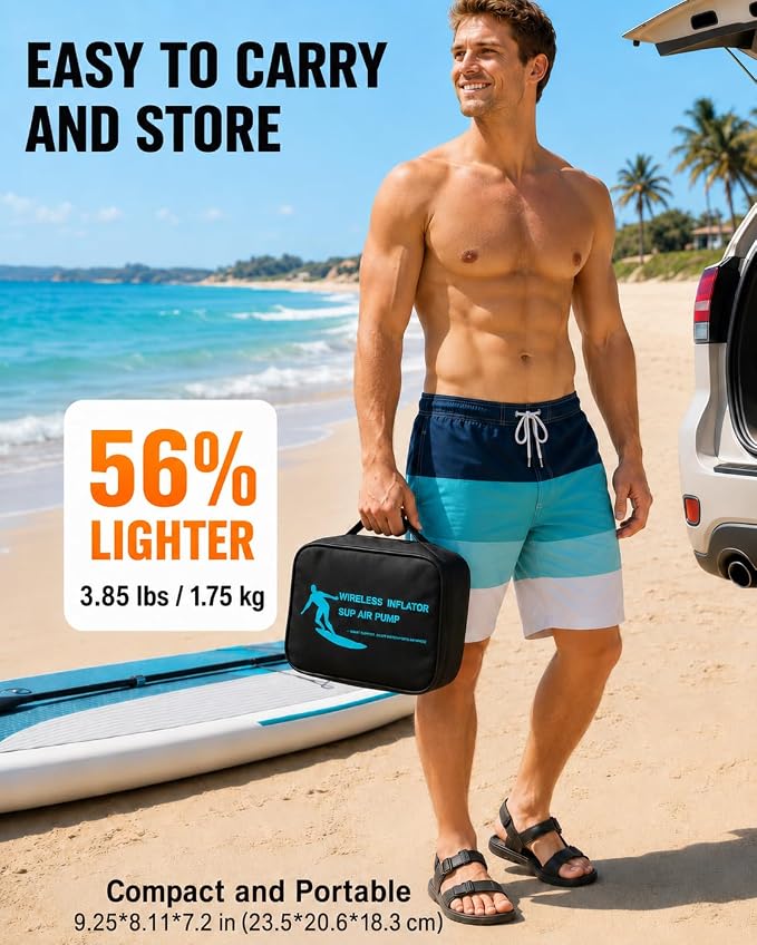 Tonsim Electric Paddle Board Pump Rechargeable 20 PSI, 15600mAh Cordless SUP Pump with 4 Modes, Dual-Stage Inflation & Deflation, Auto-Off, 12V DC Car Connector, LED Light, Black